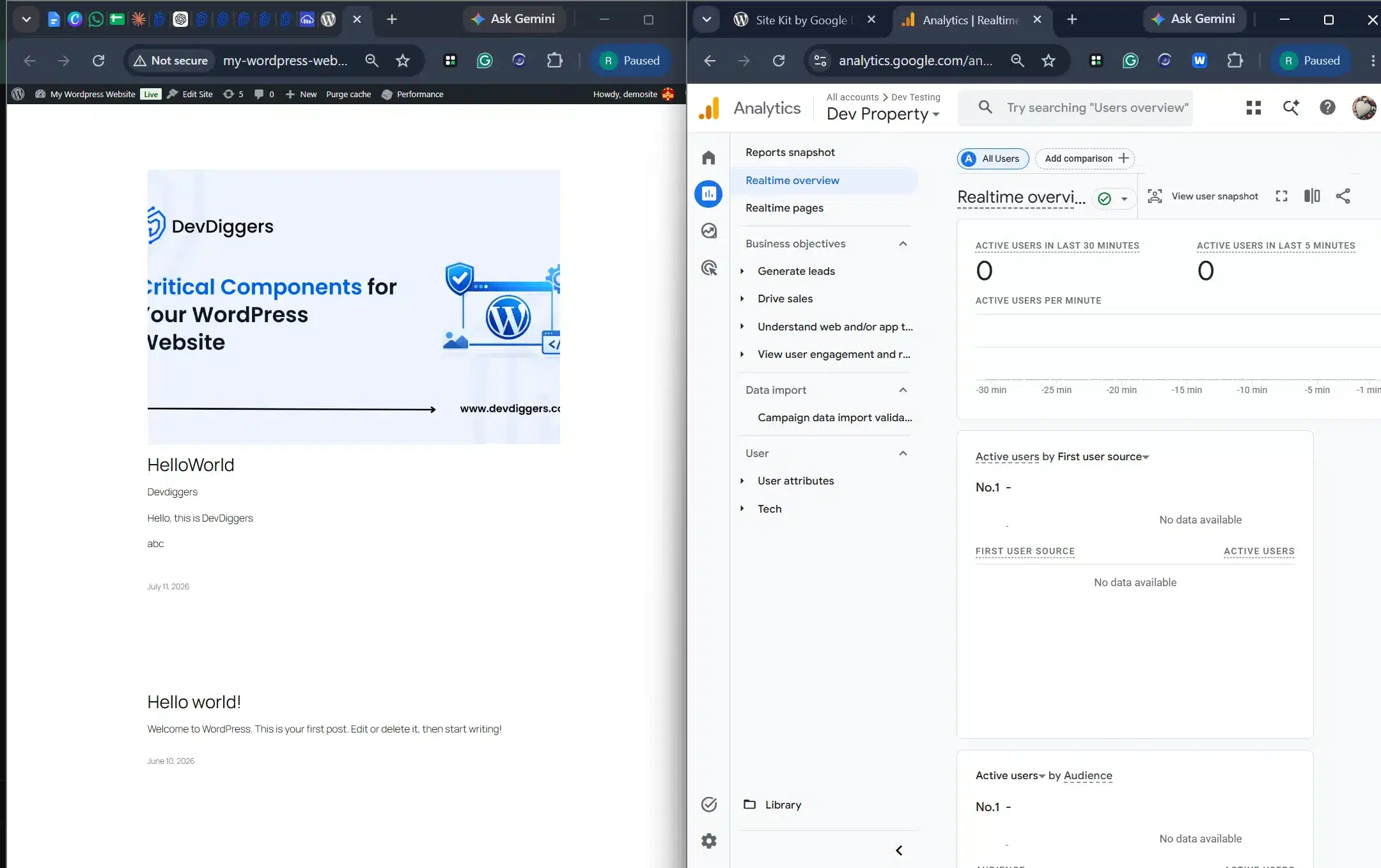 Realtime report used to add Google Analytics on WordPress and confirm tracking