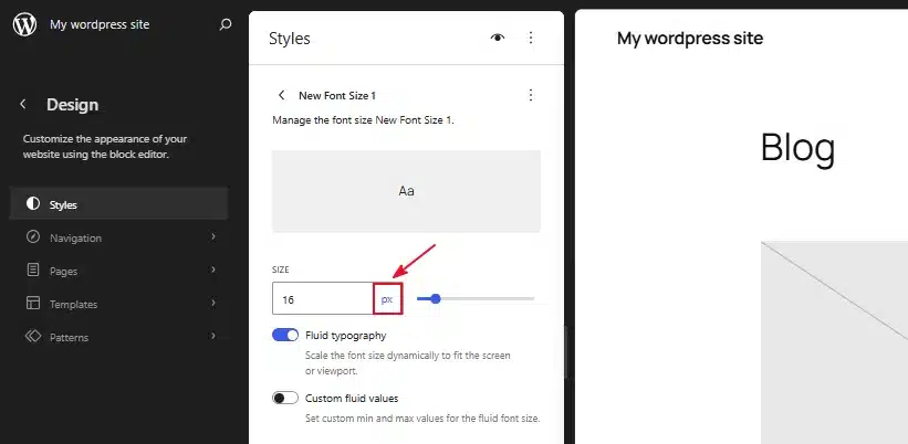Click the unit label (px, em, or rem) if you want to switch measurement units.