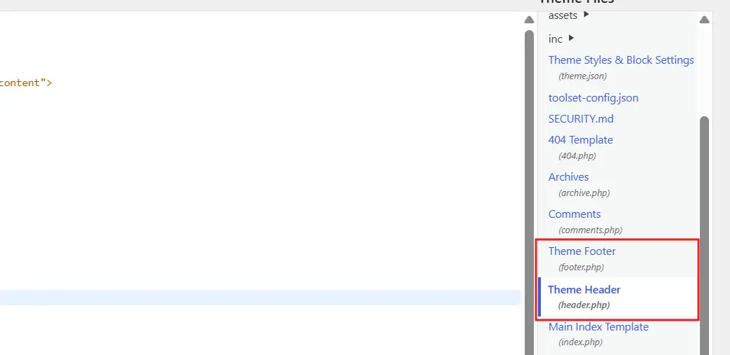 WordPress theme header and footer template files used by index.php