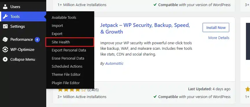Go to Tools → Site Health in your WordPress dashboard.