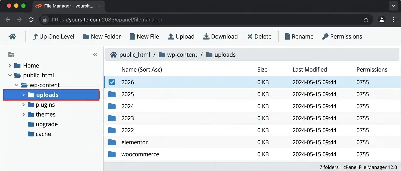 Open the wp-content/uploads folder. If you're building forms that accept file uploads, it helps to first review how to create a file upload form in WordPress so uploads land in a predictable spot.
