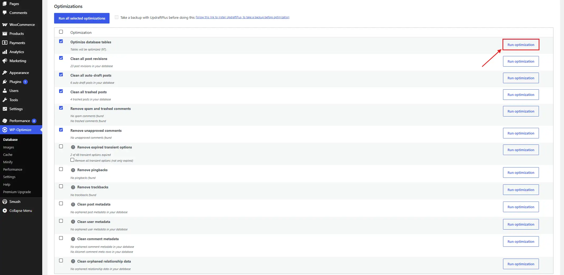 Click Run Optimization to clean up any bulky parts from the database.