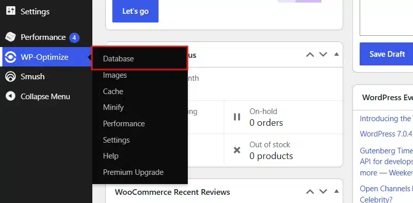 Once installed and active, open its dashboard and look for a section labelled Database or Optimization.