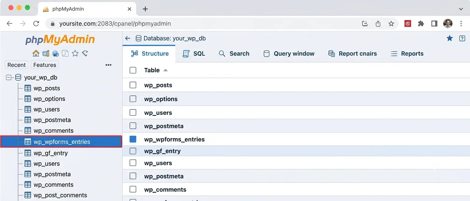 Search for your plugin's submission table. WPForms stores entries in a table called wp_wpforms_entries. Gravity Forms uses wp_gf_entry. Table names vary slightly by plugin and hosting setup.