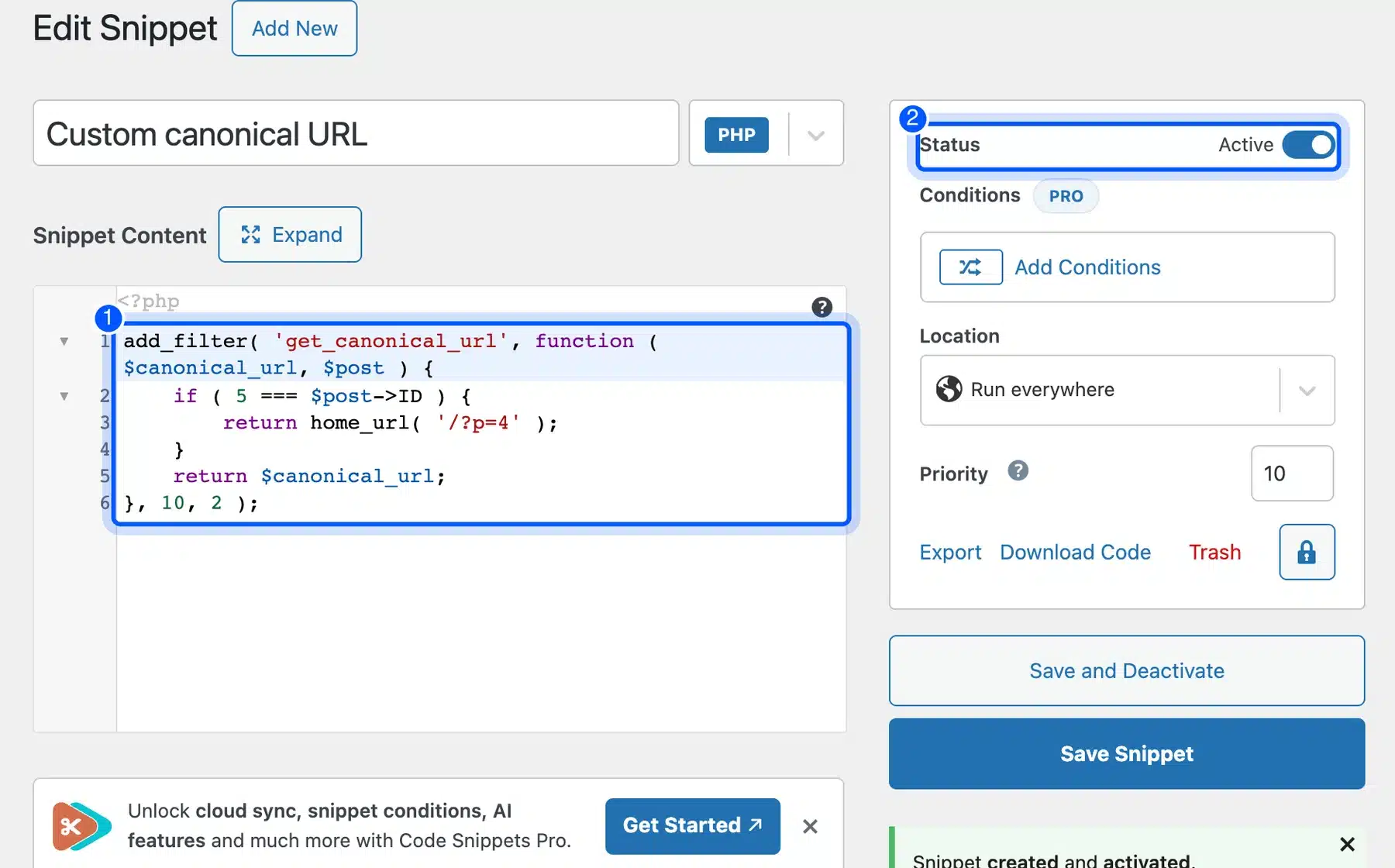 Code Snippets editor with a get_canonical_url filter added and the snippet marked Active