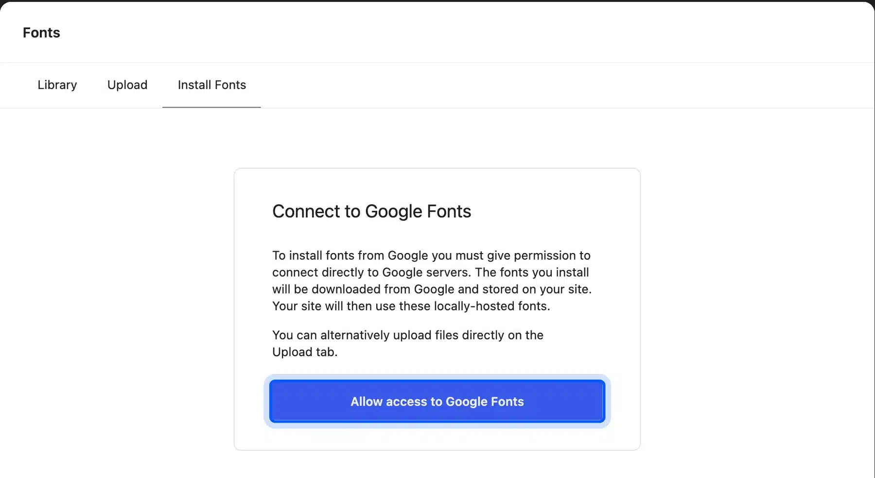 WordPress Connect to Google Fonts prompt with the Allow access to Google Fonts button highlighted
