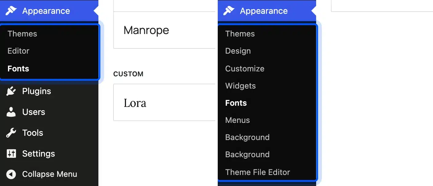 WordPress Appearance menu on a block theme with Editor and on a classic theme with Customize