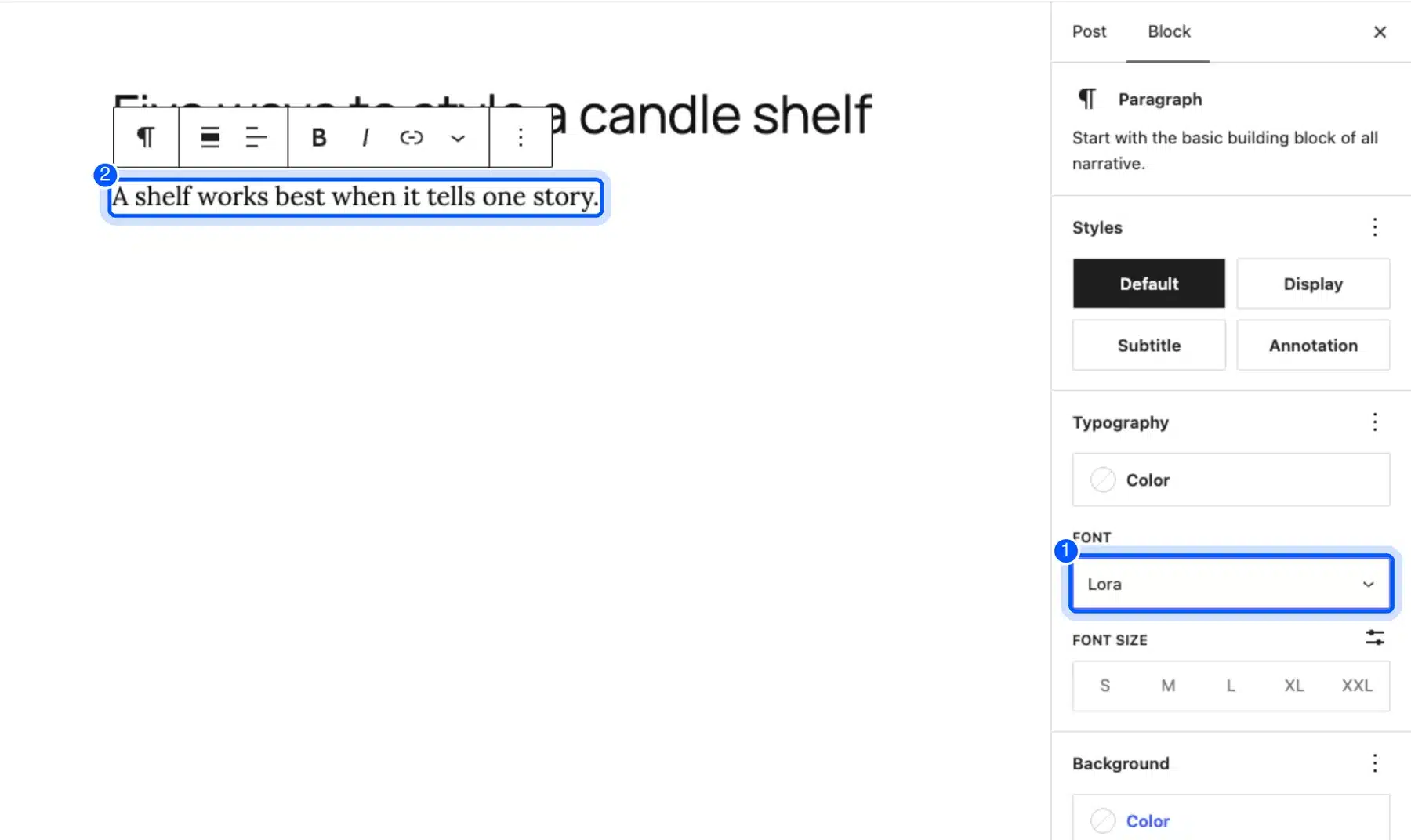 WordPress block editor with the Font list set to Lora and the paragraph text shown in Lora