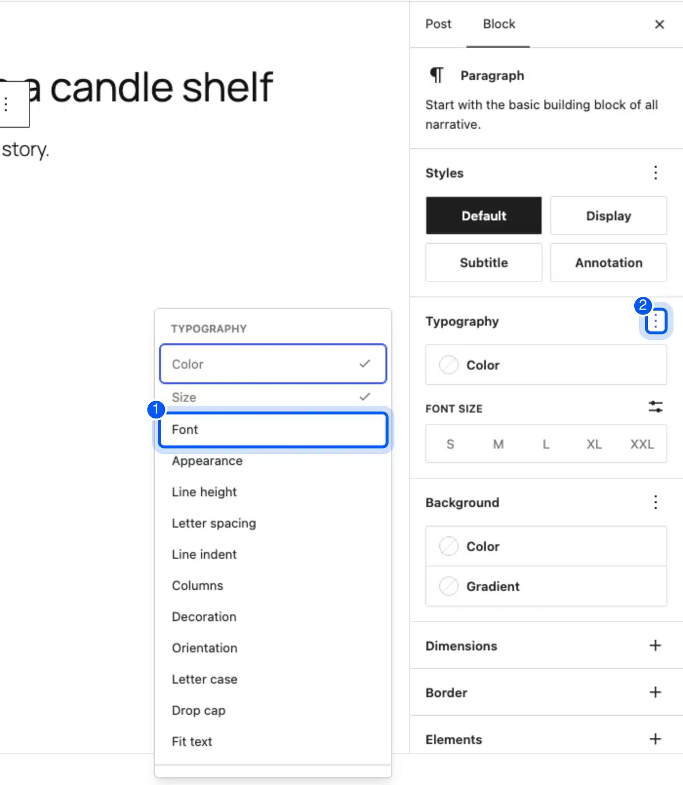 WordPress block editor Typography options menu with the Font option and the three-dot button highlighted