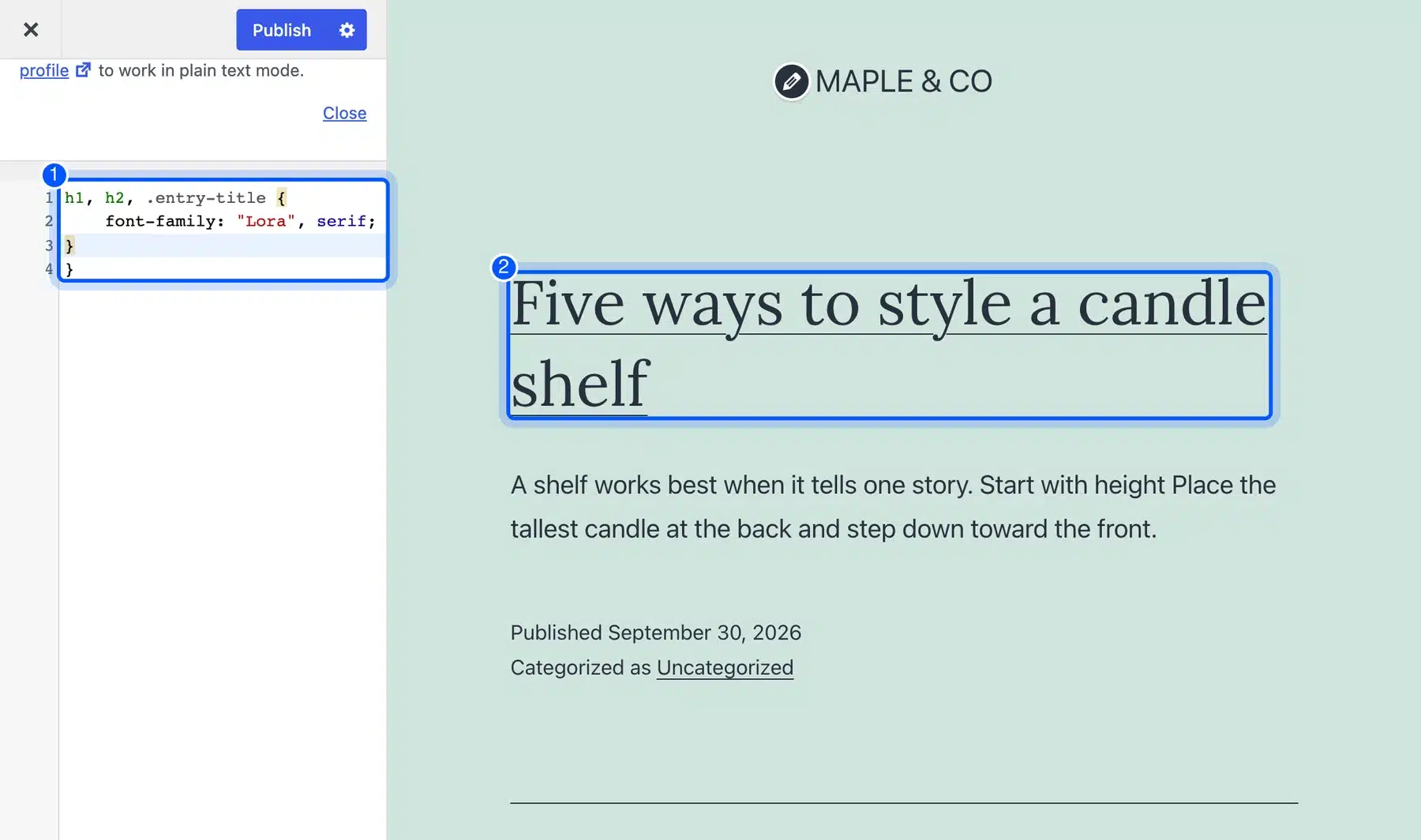 WordPress Customizer CSS panel with a Lora font-family rule and the heading preview in Lora