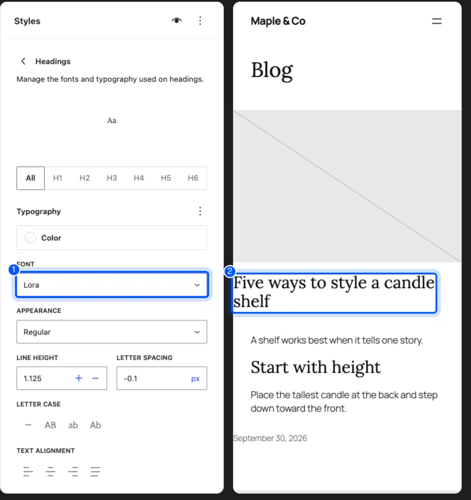 WordPress Site Editor Headings settings with Lora selected and the heading preview in Lora highlighted