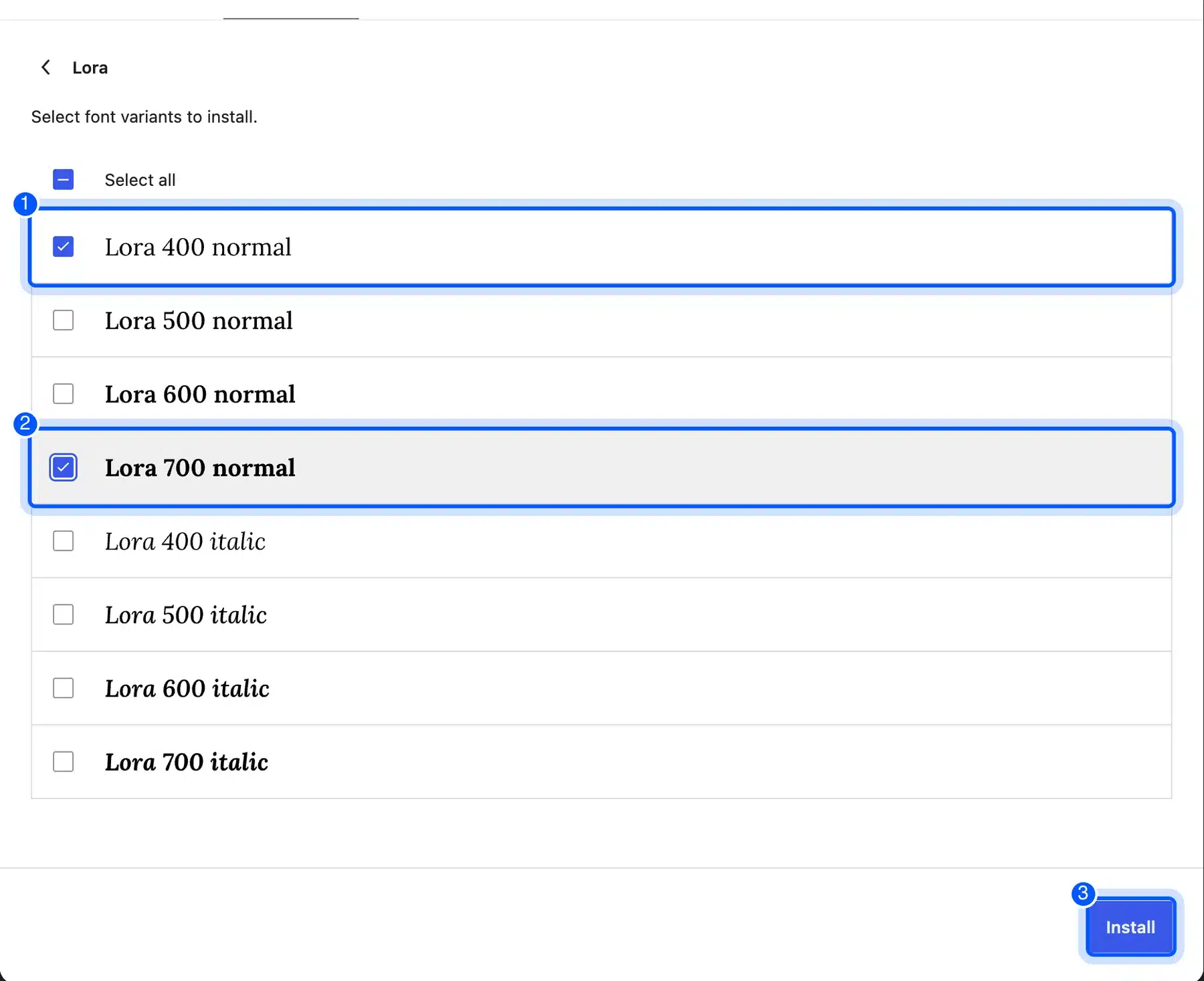 WordPress Font Library variants list with Lora 400 normal and 700 normal selected and the Install button highlighted