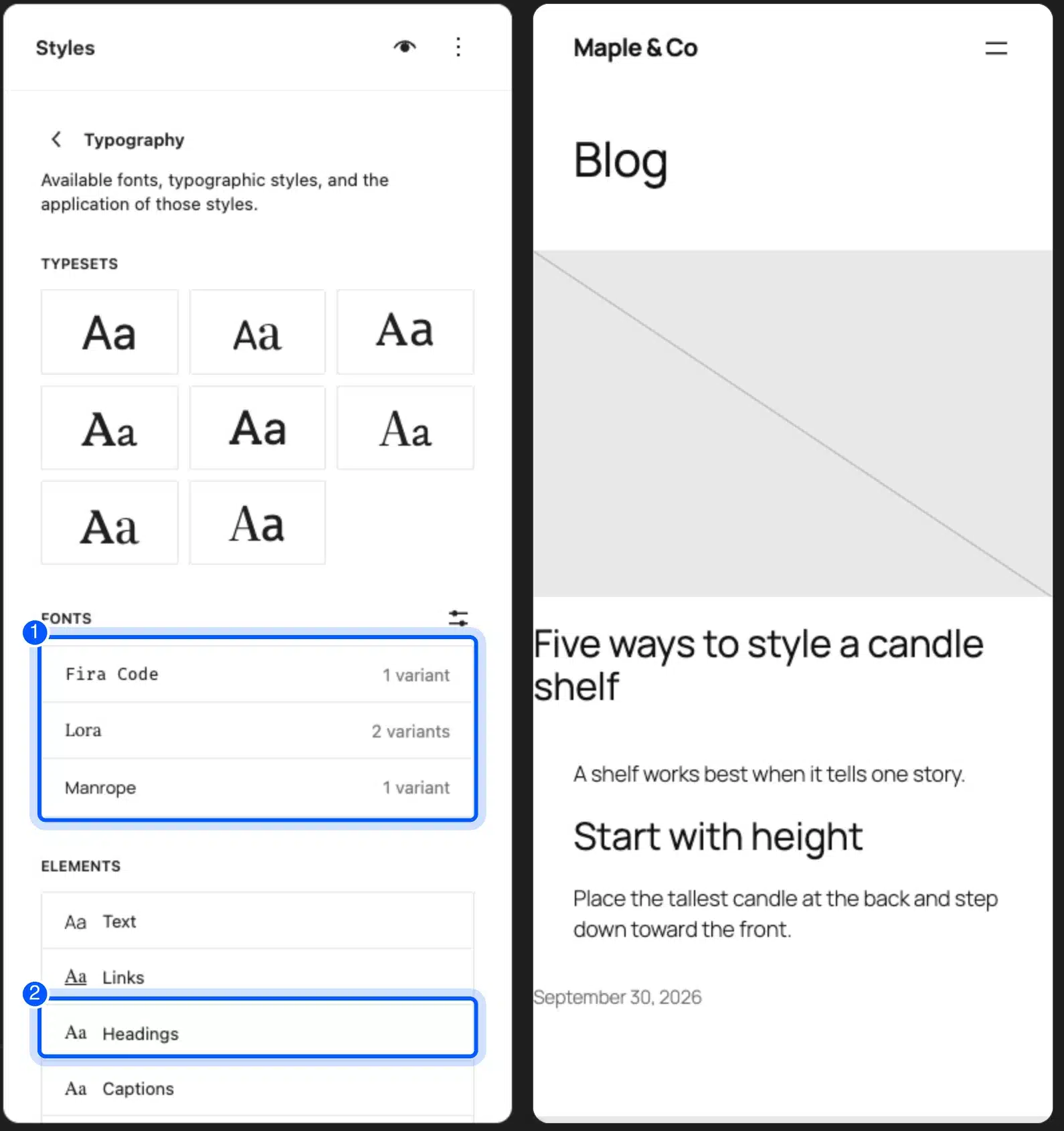 WordPress Site Editor Styles Typography screen with the Fonts list and the Headings element highlighted
