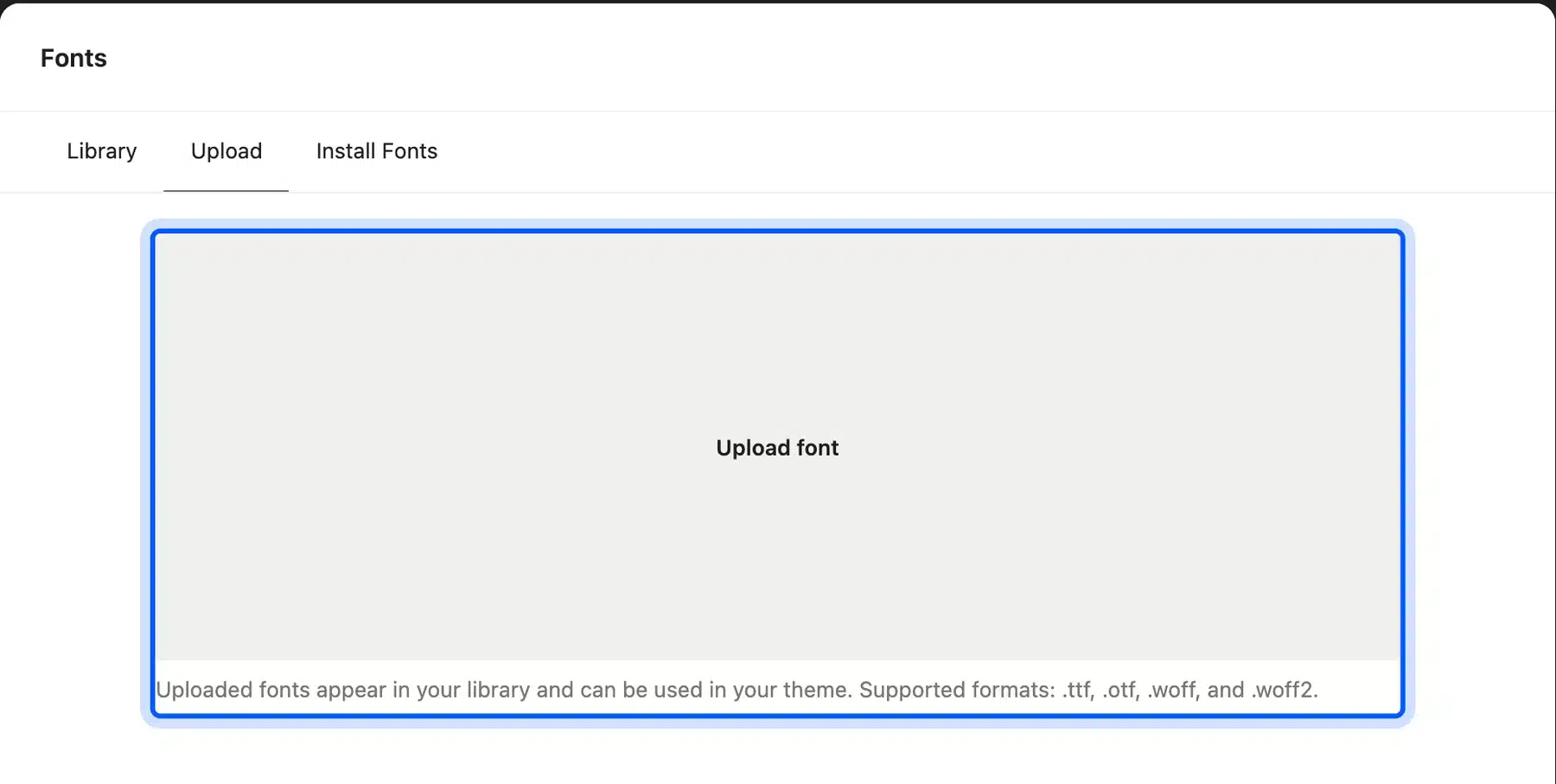 WordPress Font Library Upload tab with the Upload font area and the list of supported formats highlighted