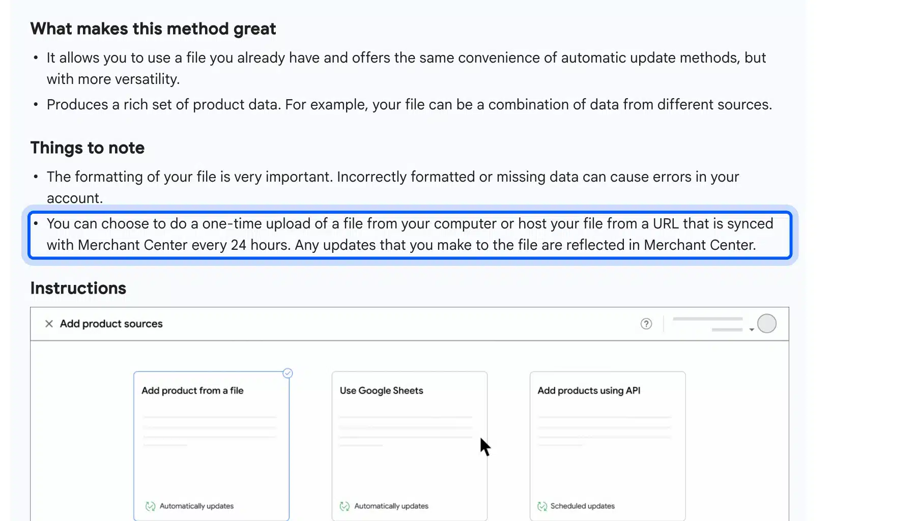 Merchant Center add products from a file page