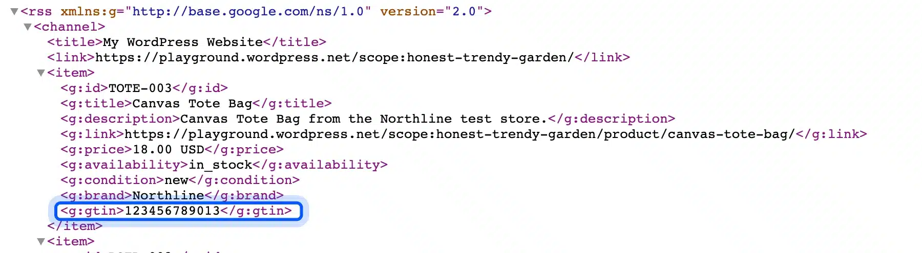 Generated Google Shopping feed item in XML with the GTIN line boxed