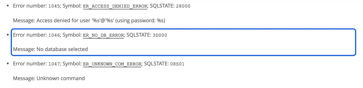 MySQL error 1046 ER_NO_DB_ERROR in the MySQL 8.4 error reference