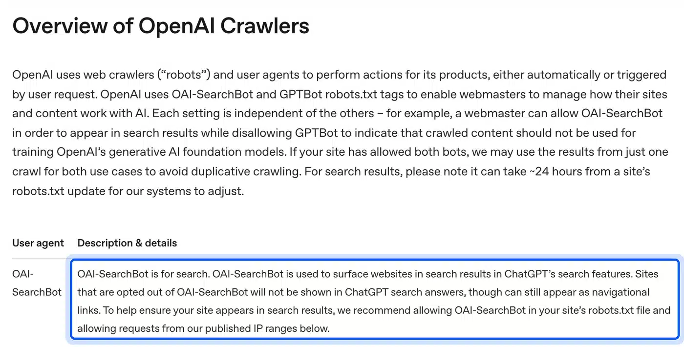 OpenAI crawler documentation on OAI-SearchBot and ChatGPT search answers