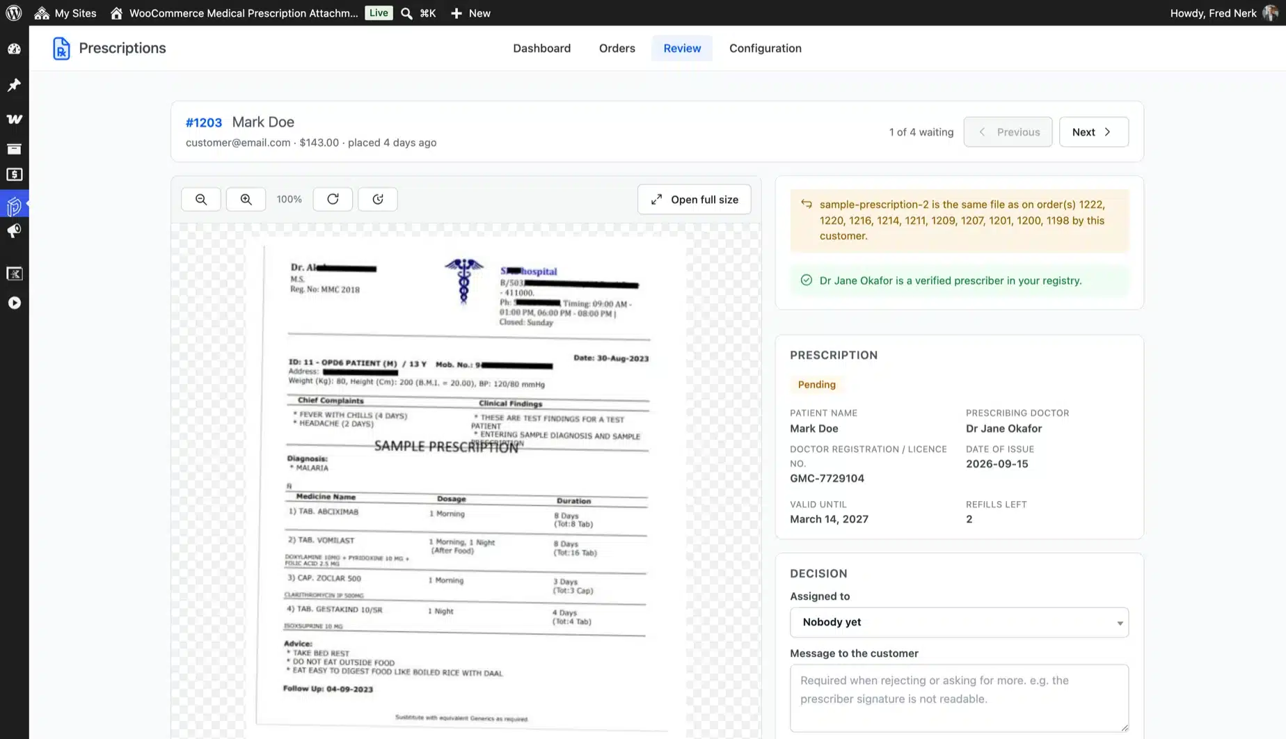 Pharmacist review workspace with zoom and rotate plus approve and reject buttons in the WooCommerce prescription plugin