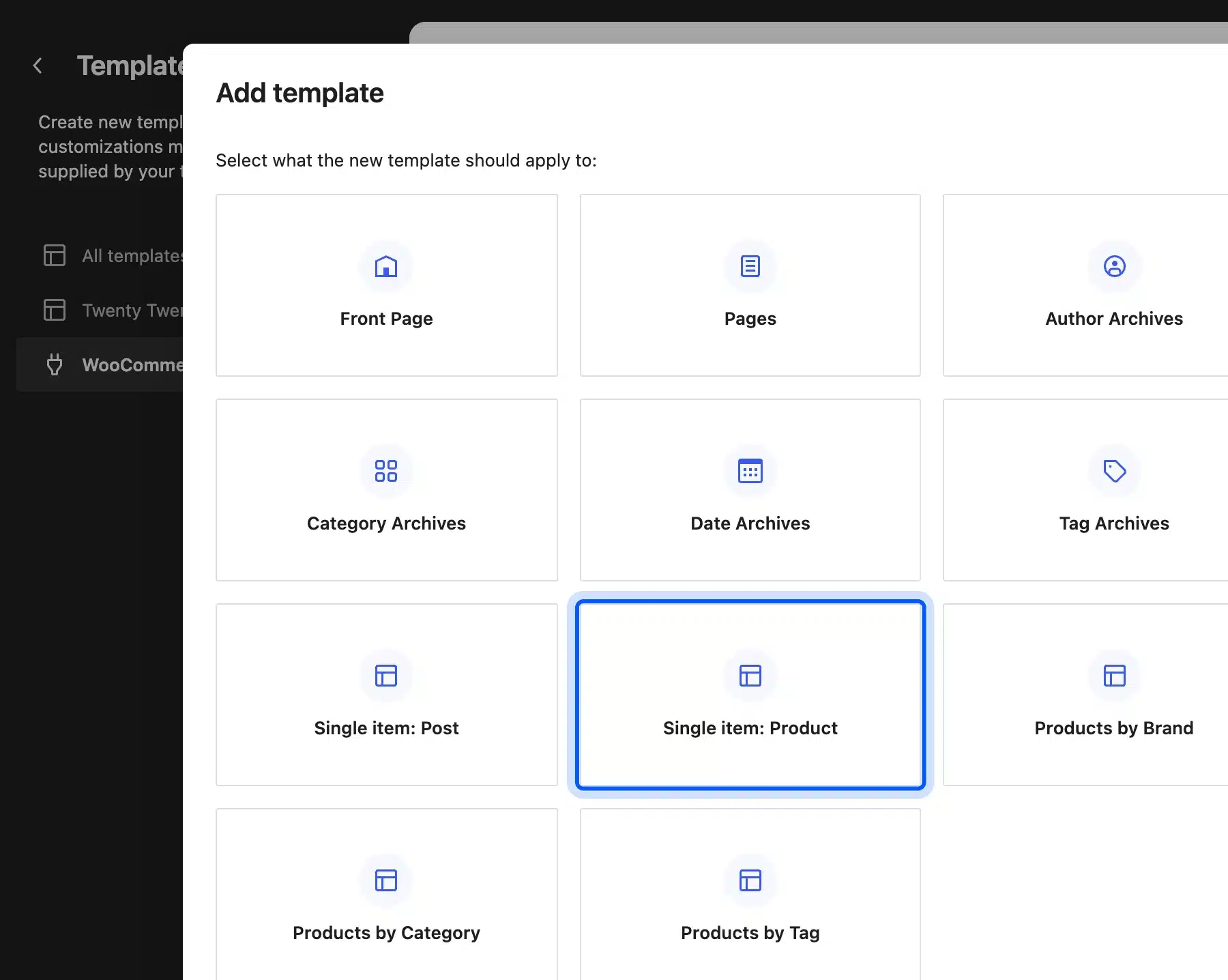 Add template dialog with the Single item: Product option