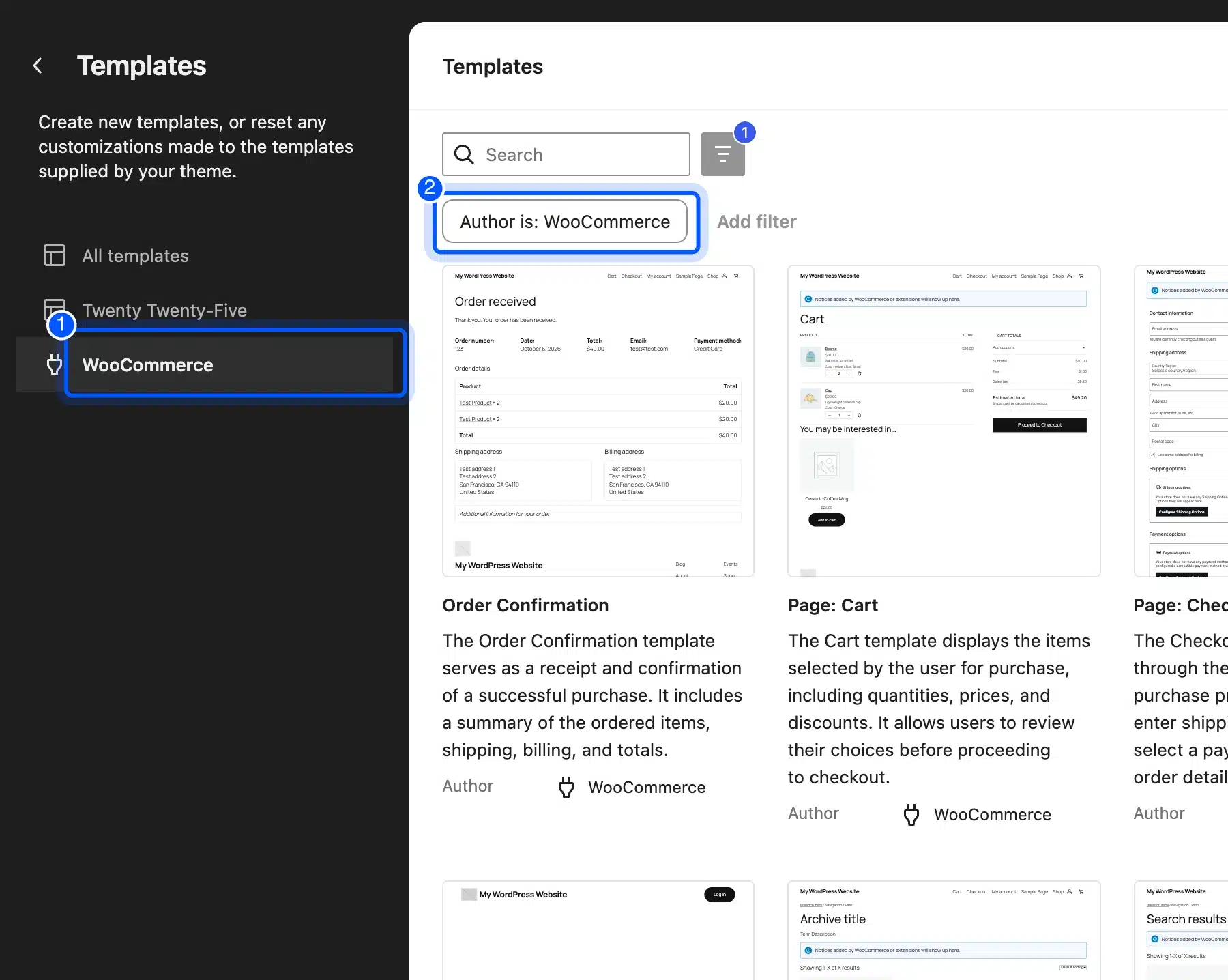 Site Editor Templates screen filtered by WooCommerce