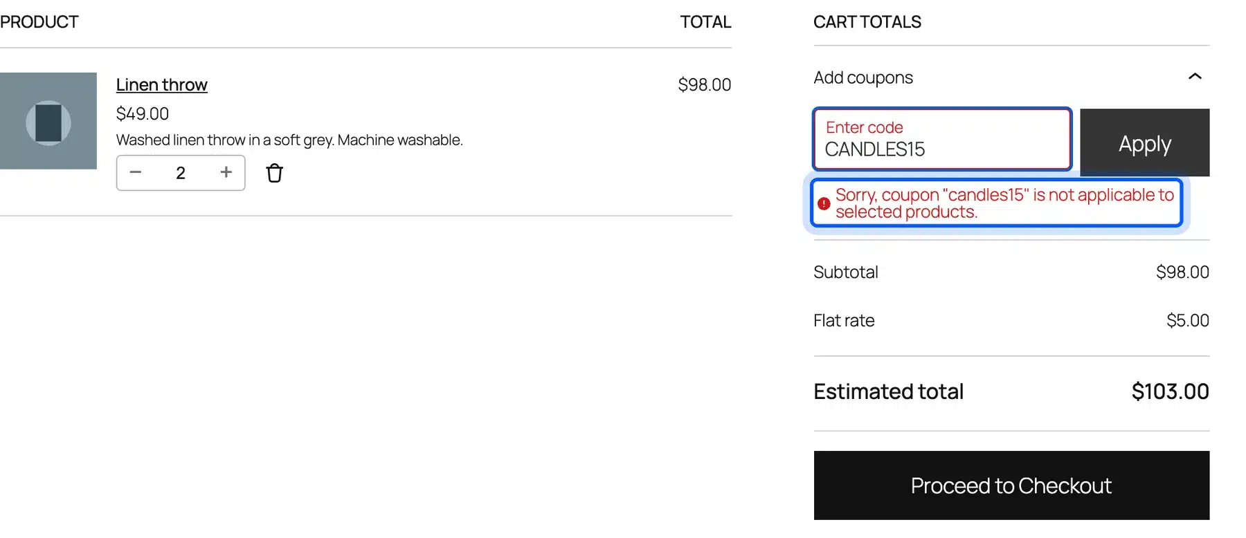 WooCommerce cart error saying the candles15 coupon is not applicable to the selected products