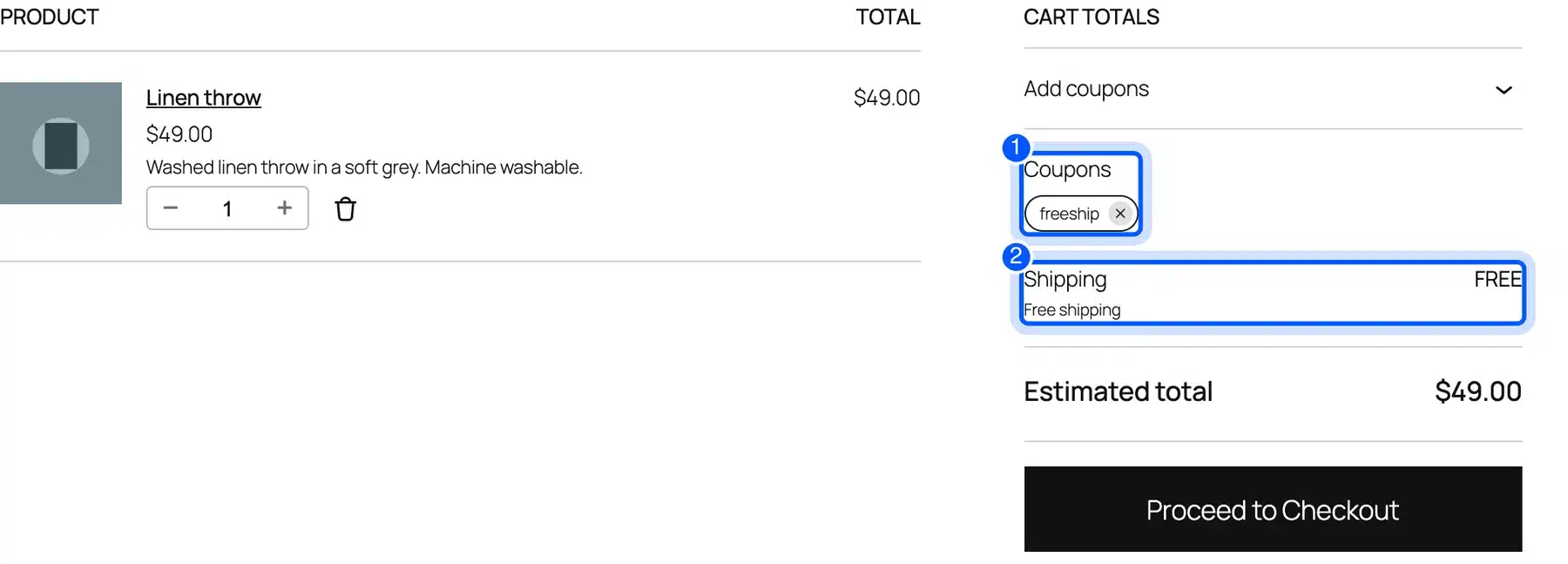 WooCommerce cart with the freeship coupon applied and the Free shipping line highlighted