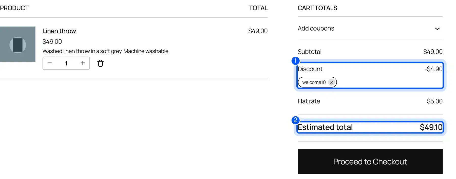 WooCommerce cart totals with the welcome10 coupon applied and the Discount line highlighted