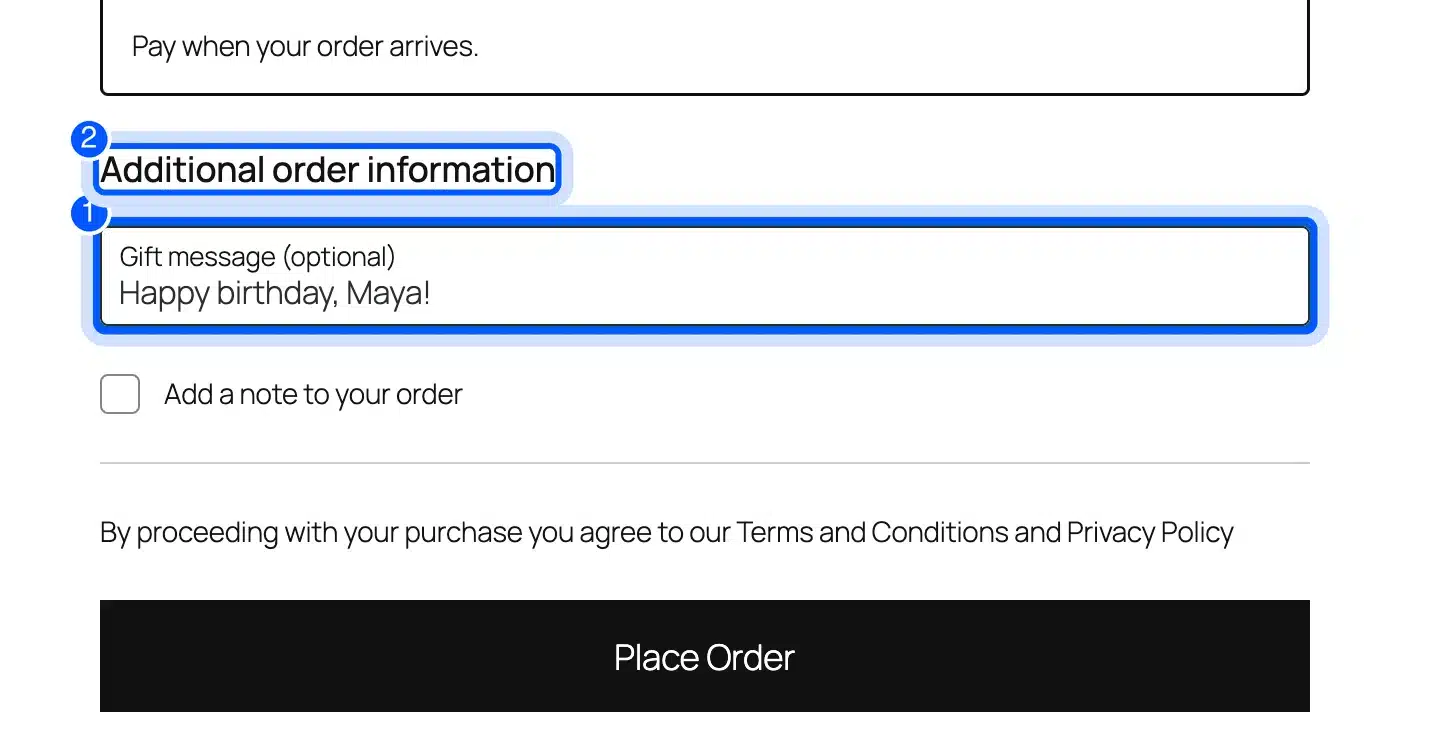 WooCommerce checkout block with the extra order information section and the Gift message field highlighted
