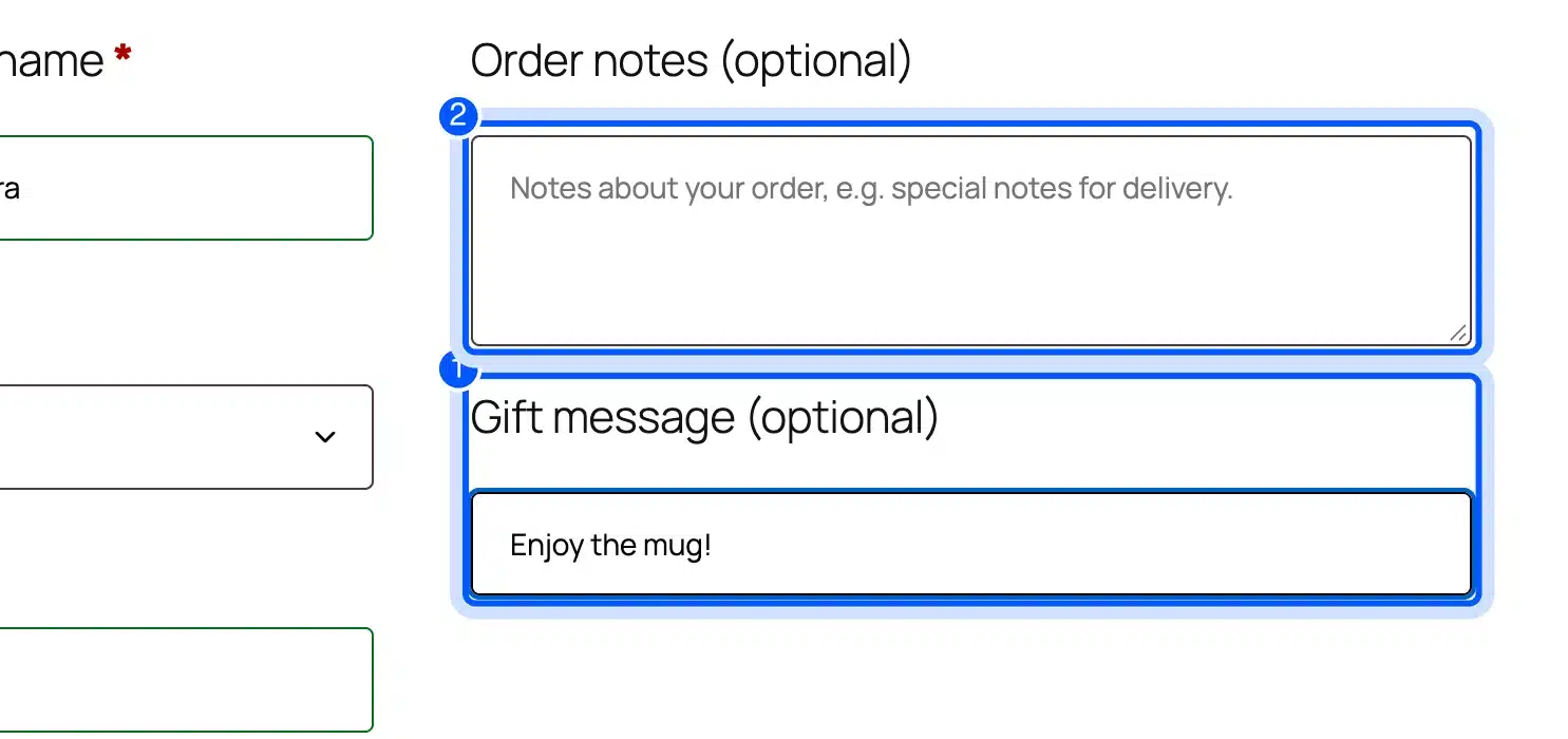 WooCommerce classic checkout with the Order notes box and the Gift message custom field highlighted