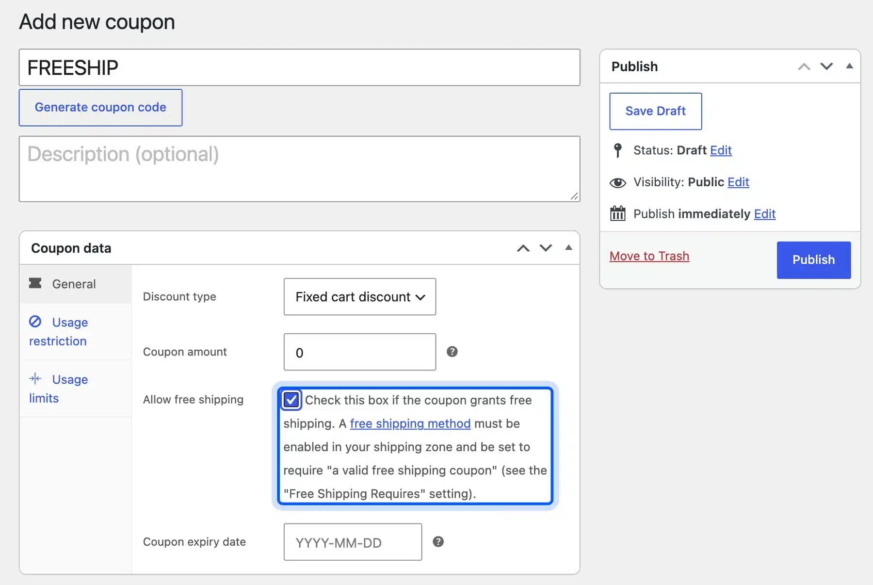 WooCommerce coupon General tab with the Allow free shipping checkbox highlighted