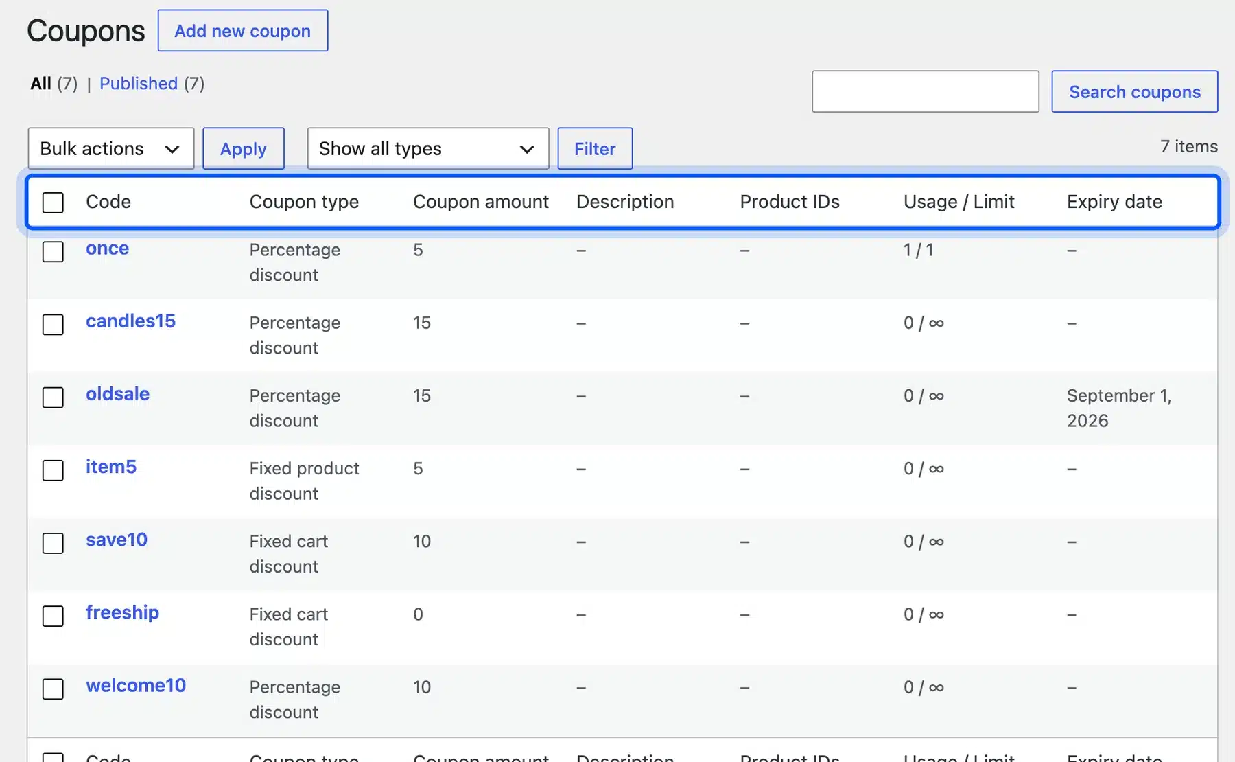 WooCommerce Coupons list with the Code, Coupon type and Usage / Limit columns highlighted