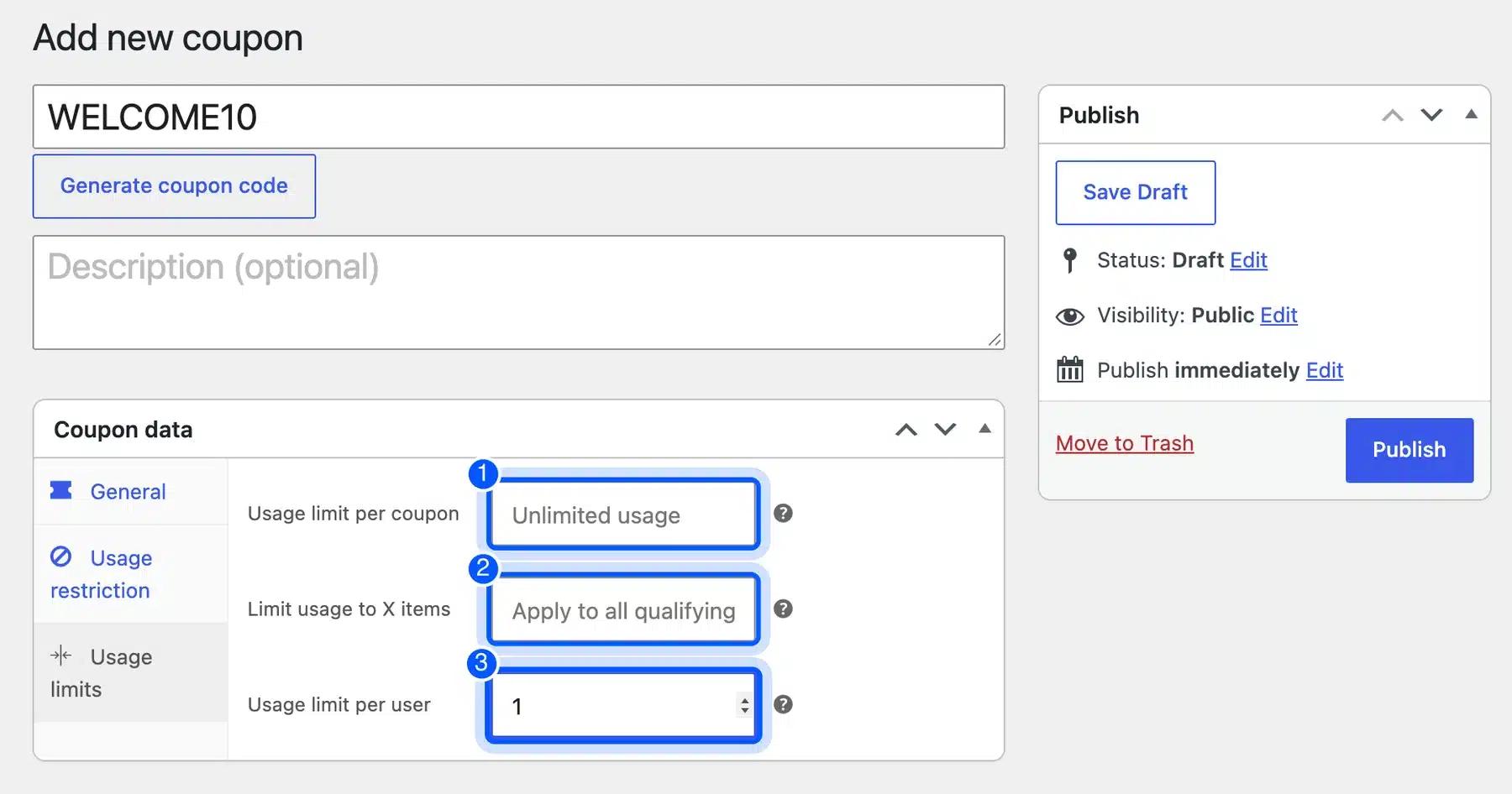 WooCommerce coupon Usage limits tab with the Usage limit per user field highlighted