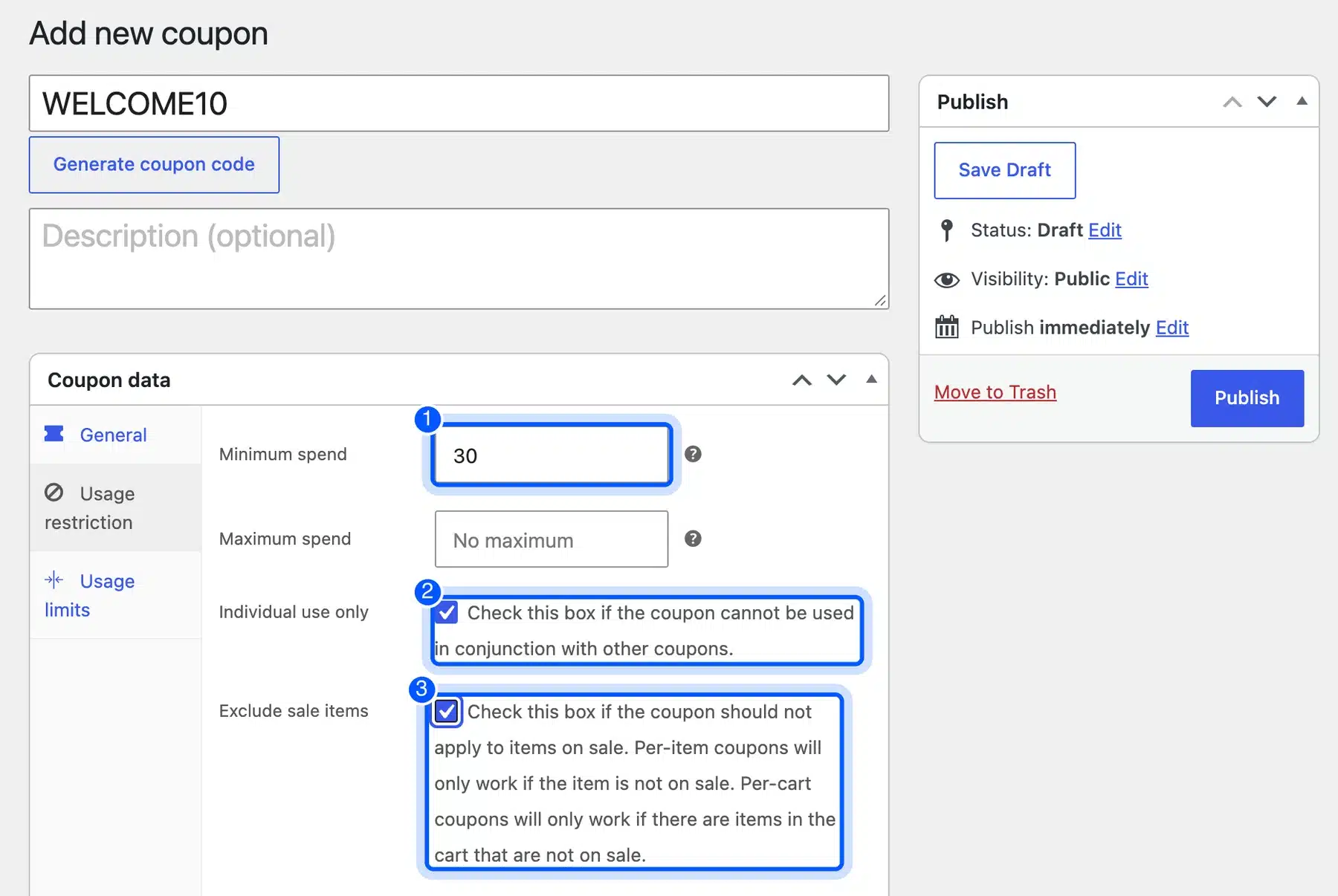 WooCommerce coupon Usage restriction tab with Minimum spend, Individual use only and Exclude sale items highlighted
