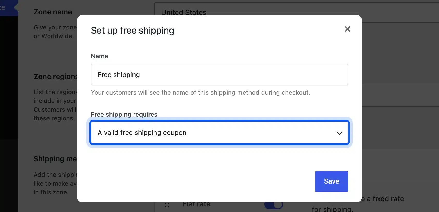 WooCommerce Free shipping method settings with the Free shipping requires option highlighted
