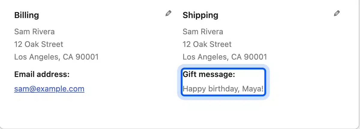 WooCommerce order screen showing the Gift message custom checkout field with the saved text highlighted
