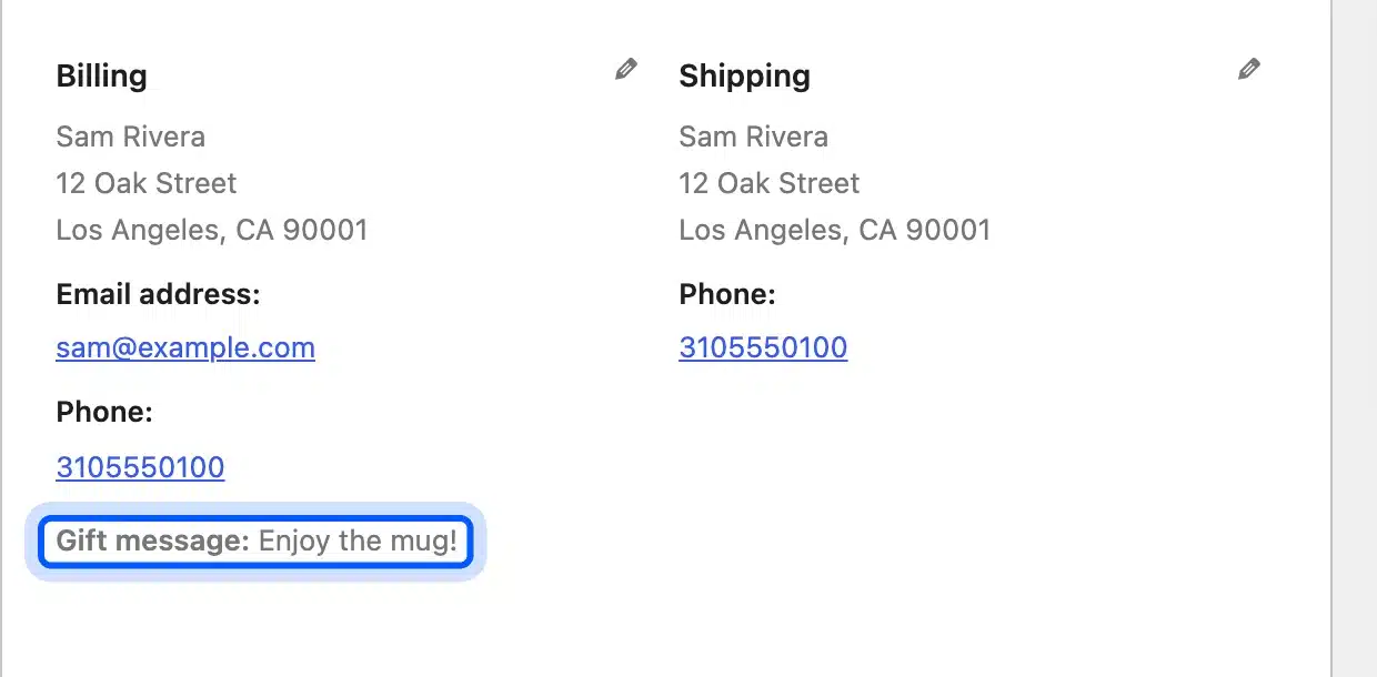 WooCommerce order screen with the Gift message custom field printed under the billing details
