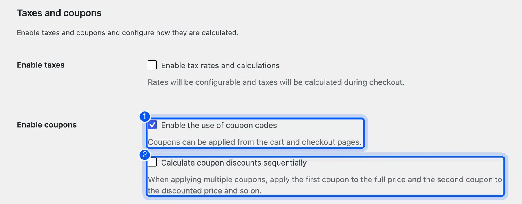 WooCommerce General settings with the Enable the use of coupon codes and sequential discount options highlighted