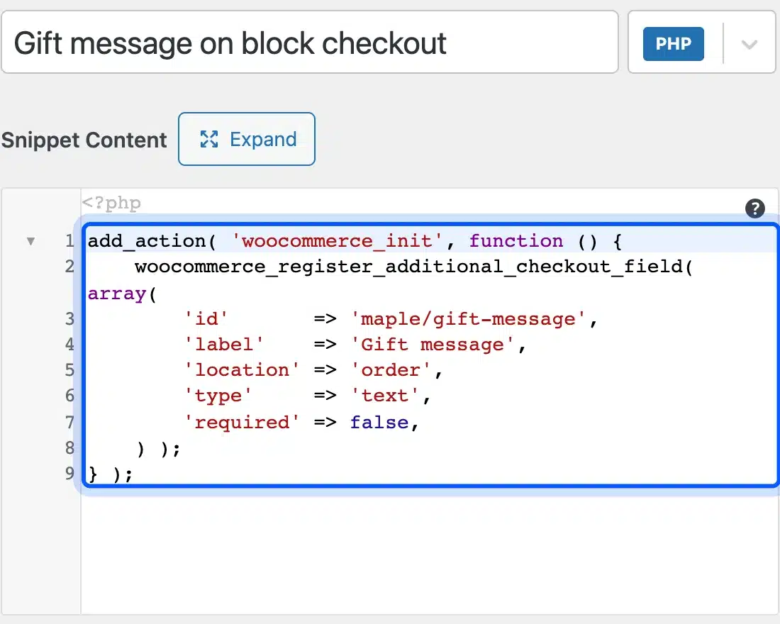Code Snippets editor with the woocommerce_register_additional_checkout_field code and the snippet marked Active