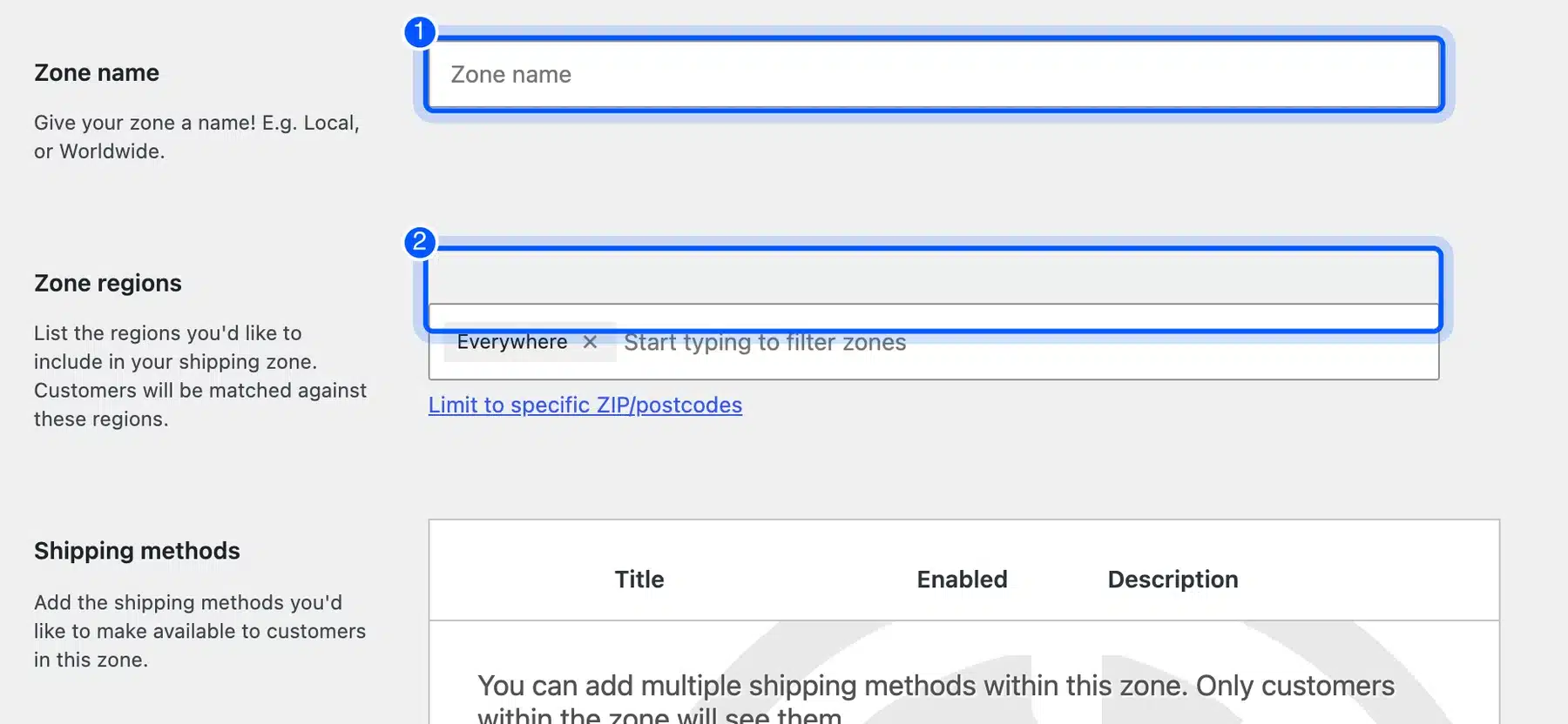 WooCommerce Add zone screen with the Zone name and Zone regions fields highlighted