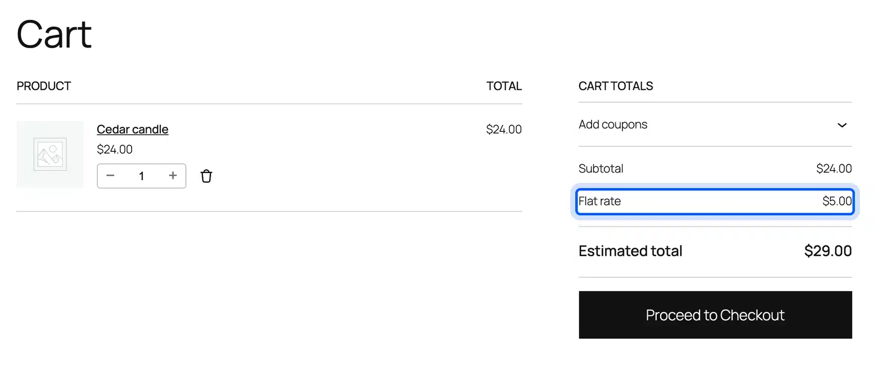 WooCommerce cart totals with the Flat rate shipping line highlighted