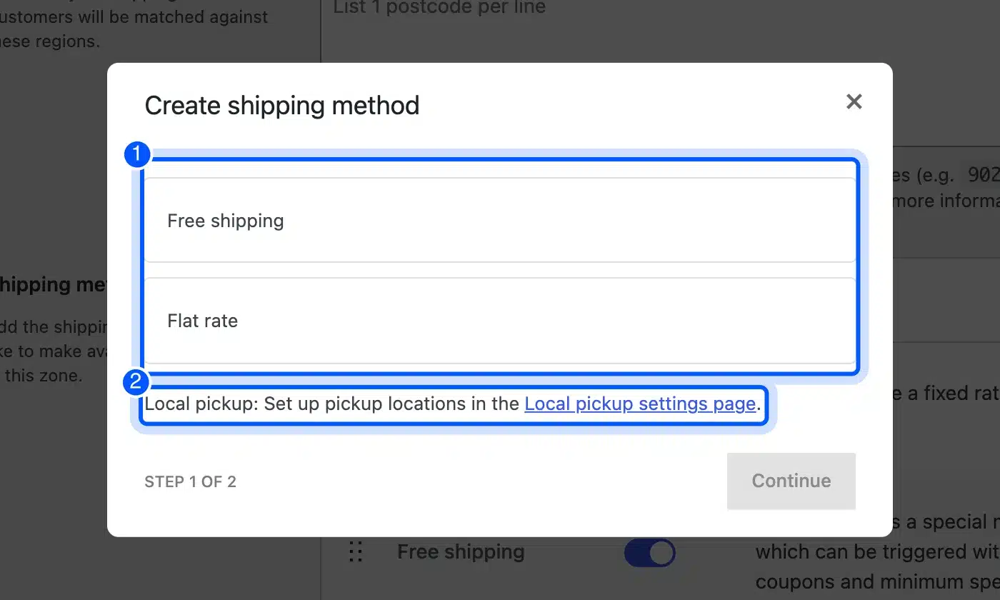 WooCommerce Create shipping method window with Free shipping, Flat rate and the Local pickup note highlighted