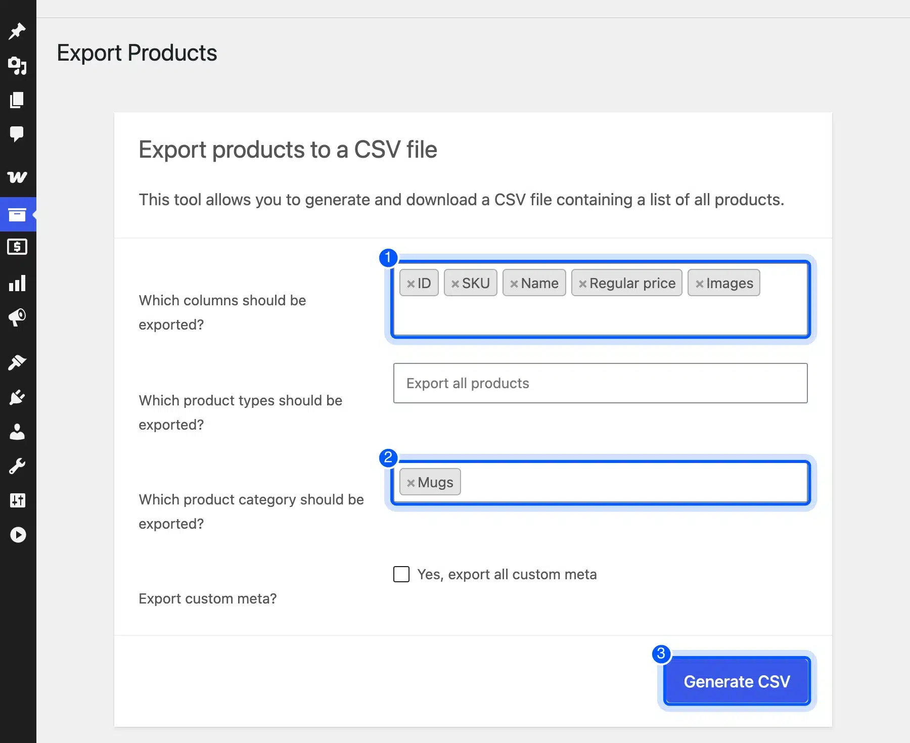 Exporter set to ID, SKU, Name, Regular price and Images for the Mugs category