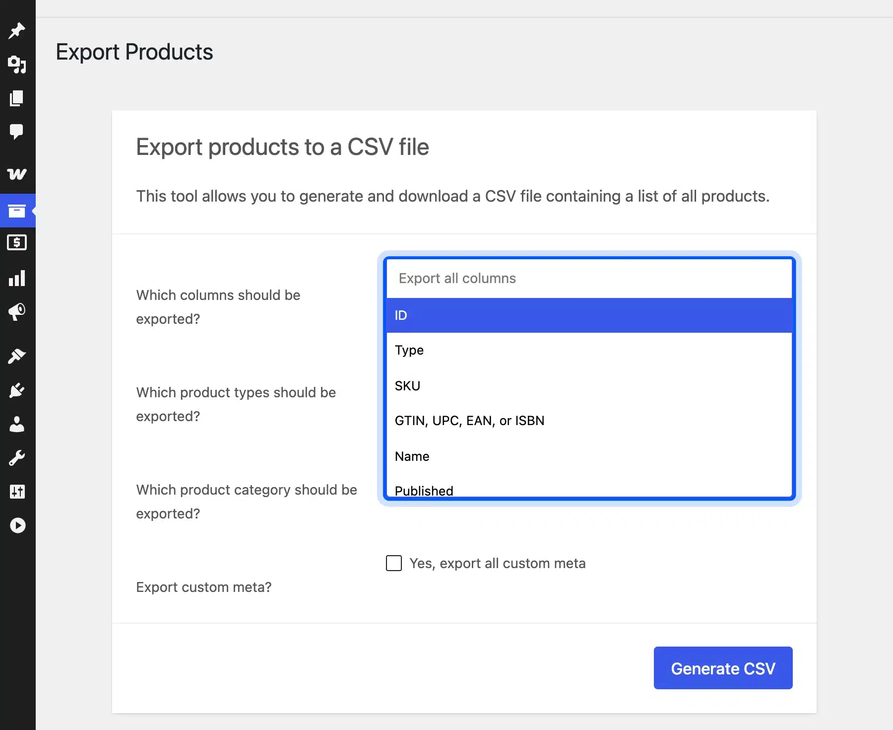 Column list in the WooCommerce product exporter