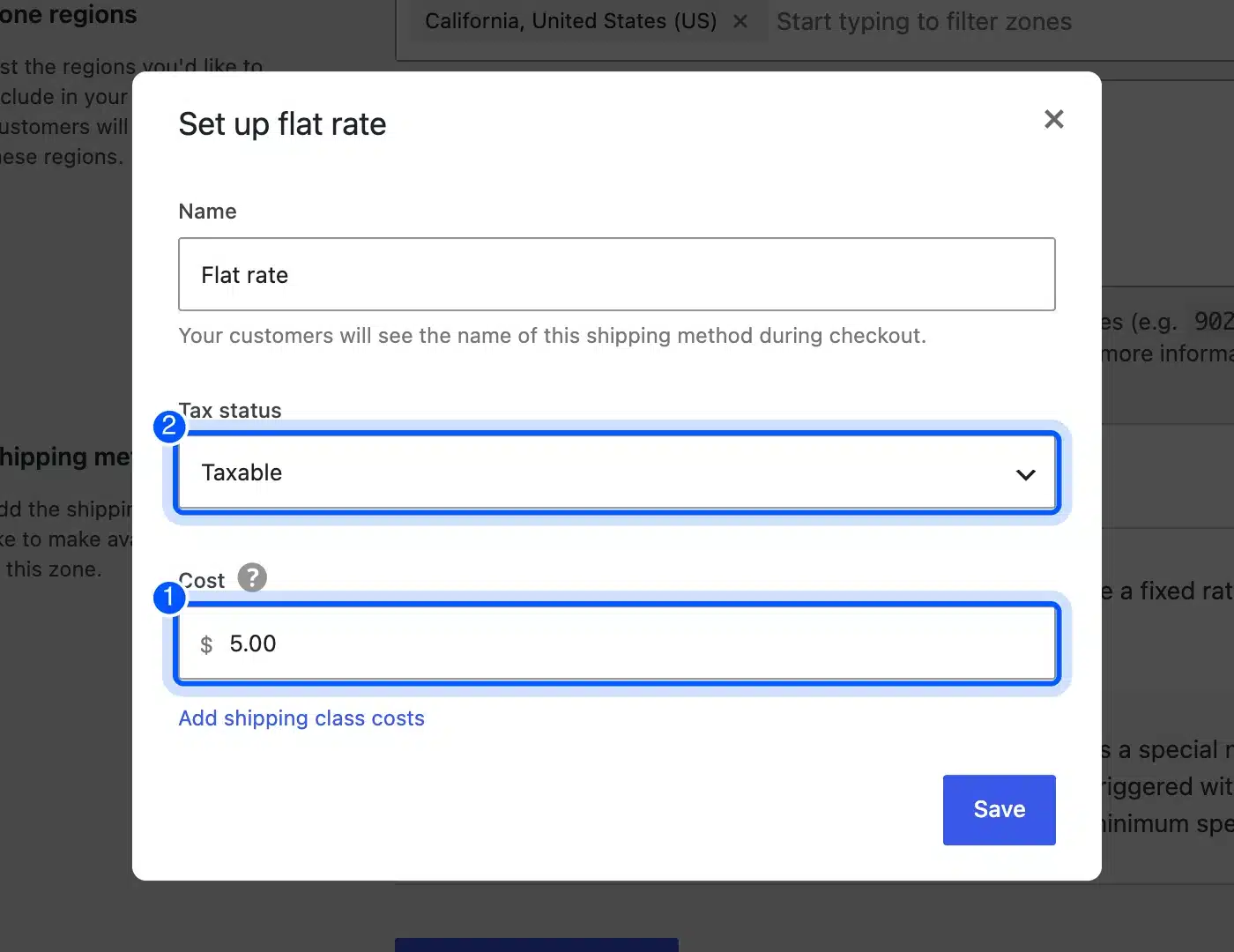 WooCommerce Set up flat rate window with the Cost and Tax status fields highlighted