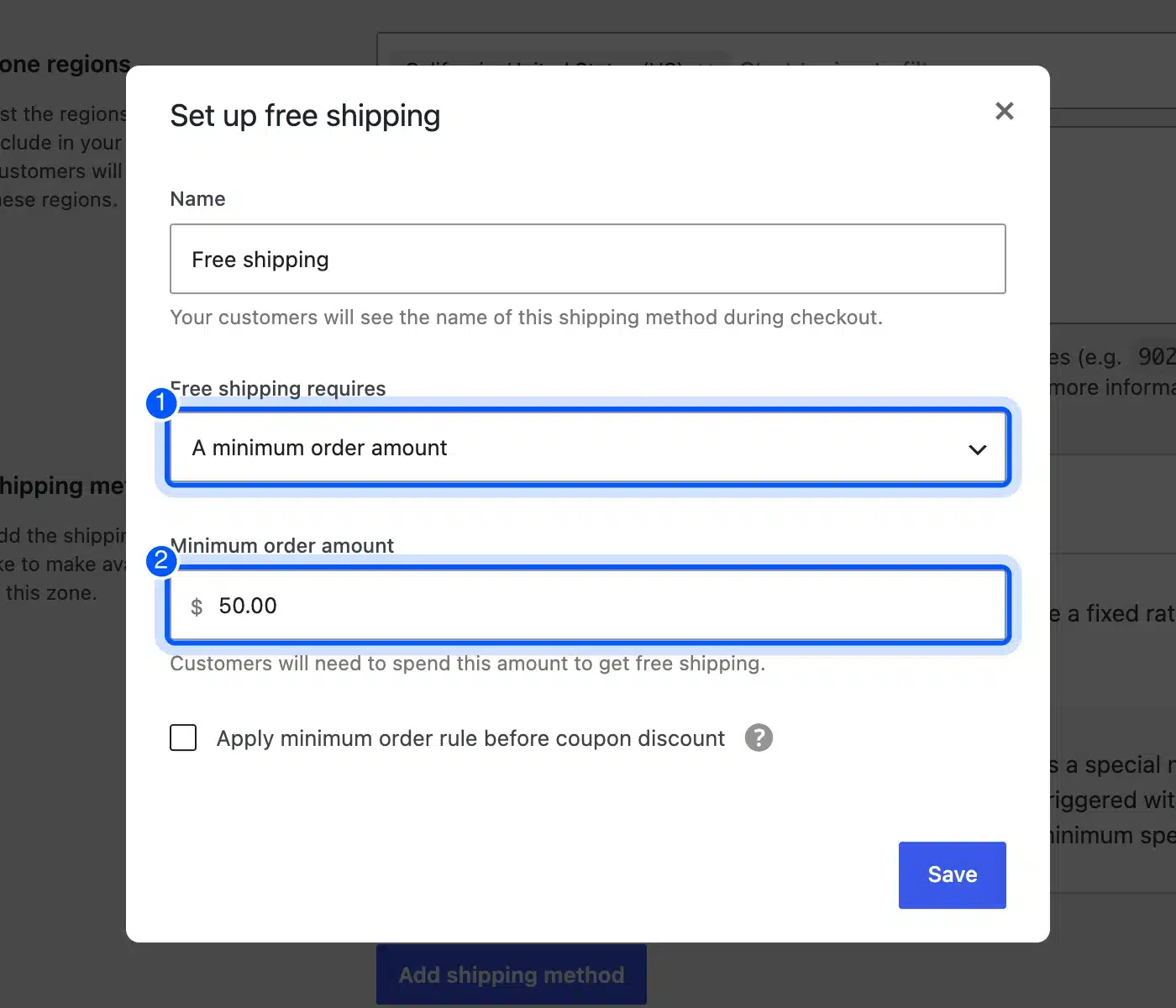 WooCommerce Set up free shipping window with the requirement and minimum order amount fields highlighted