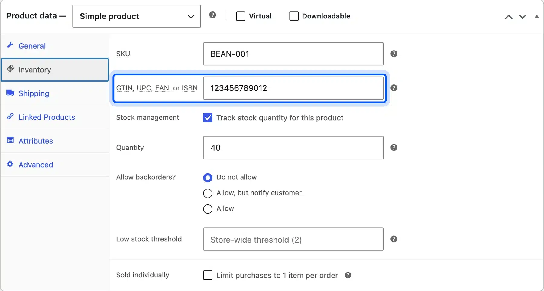 GTIN field in the WooCommerce Inventory tab