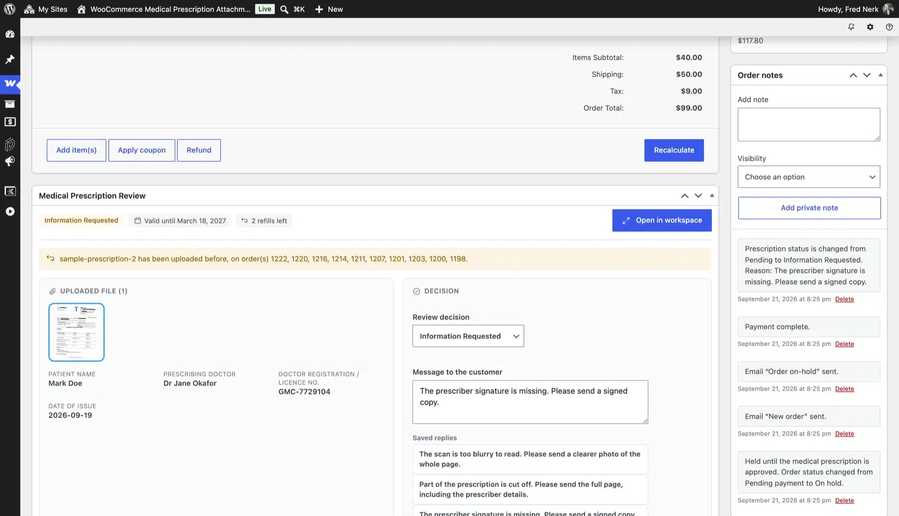 Prescription review panel on a WooCommerce order with the uploaded file and patient details in the WooCommerce prescription plugin