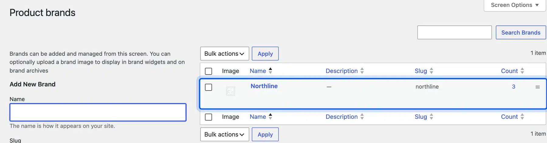 Product brands screen in WooCommerce with one brand assigned to three products