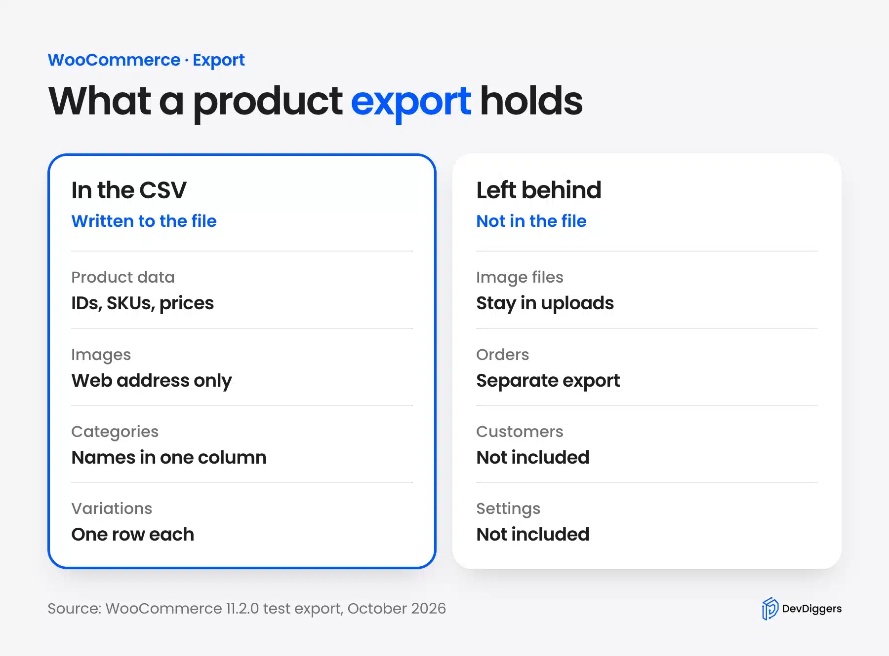 What a WooCommerce product export includes and leaves out